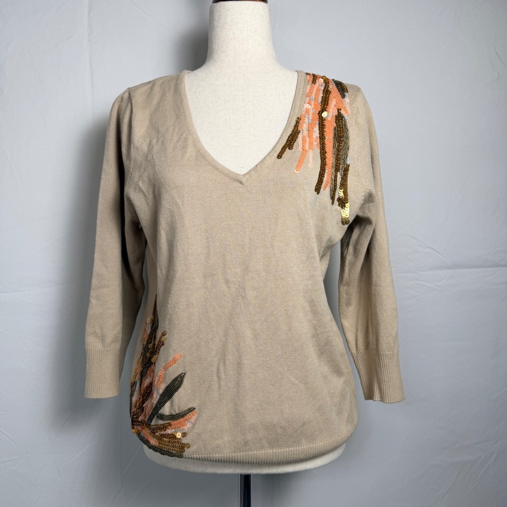 Vintage Cache Tan V-Neck Sequin Beaded Sweater XL Beige 3/4 Sleeve
Excellent